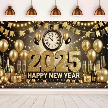 Фон для вечеринки в честь Нового года 2025 года, роскошное украшение в золотом стиле, праздничный флаг, подходящий для домашнего декора в канун Нового года 2025 года