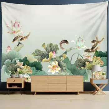 Фон с изображением рыбы лотоса, настенная роспись, гобелен, настенный гобелен в богемном стиле, психоделическое искусство, минималистский эстетический настенный декор для комнаты 95x70cm