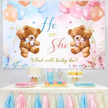 Фон с изображением воздушного шара медведя Розовый или синий фон для объявления пола медведя Мы можем с нетерпением ждать украшения для вечеринки по случаю объявления пола медведя