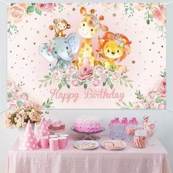 Фон с изображением животных джунглей на день рождения, ткань для вечеринки в стиле сафари в джунглях, украшение для дня рождения, детский детский душ, дикий фон для вечеринки