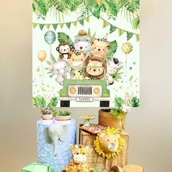 Фон с изображением животных в джунглях, движущихся на машине, с днем рождения, украшение на вечеринку, фон для детей, детский душ, джунгли, сафари, принадлежности для дня рождения