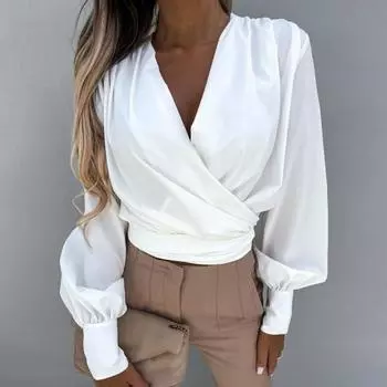 Фонарь большого размера, плиссированные длинные пуговицы на шее, манжеты, женская рубашка с рукавами, однотонная рубашка, топ XL белый