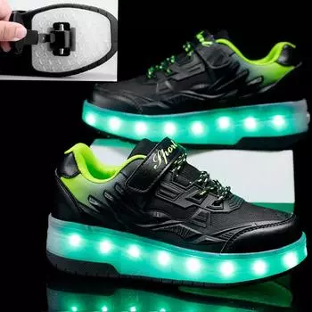 Фонарь для обуви, колесо для коньков, двойное колесо, спортивная обувь на плоской подошве, переключатель зарядки, обувь для бега для взрослых и детей 29-40, обувь для катания на роликах 29 зелёный/чёрный