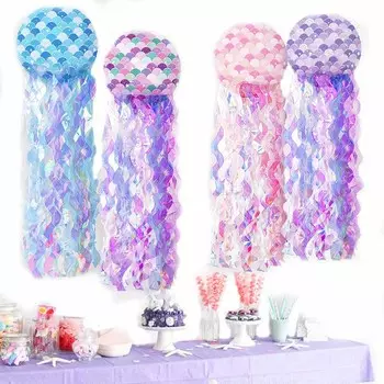Фонарь в виде медузы с русалками и кисточками из неоновой пленки, сложенная бумага для дня рождения, летняя вечеринка в океанском стиле, фон для подвешивания украшений, товары для декора розовый