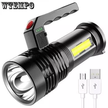Фонарик COB с USB-зарядкой и боковой подсветкой, бытовой светодиодный многофункциональный пластиковый портативный светильник чёрный