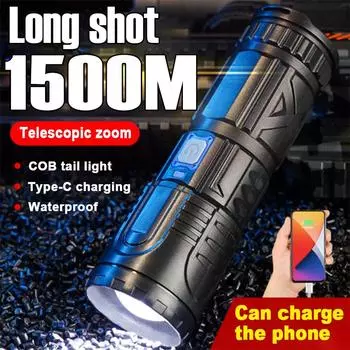 Фонарик дальнего действия Мощные светодиодные фонари USB перезаряжаемая лампа с COB-лампами Супер яркий фонарик для рыбалки на открытом воздухе Пешие прогулки чёрный