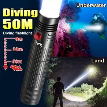 Фонарик для дайвинга высокой мощности L2 с фитилем, 4 режима, регулируемый водонепроницаемый фонарь, рабочий свет для подводной рыбалки, фонарик для рыбалки A-a flashlight чёрный