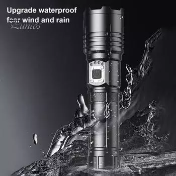 Фонарик для улицы с 5 режимами освещения, перезаряжаемый через USB, дальний свет, водонепроницаемый IPX7, мощный многофункциональный светодиодный фонарик чёрный