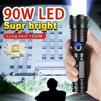 Фонарик Long Shot 1500M Мощный фонарь 90 Вт Светодиодная зум-лампа Водонепроницаемый фонарик Самозащитный фонарь-прожектор A-Flashlight