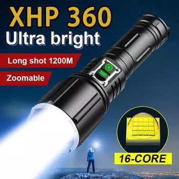 Фонарик с дальним выстрелом 1200 м XHP360 Мощный фонарь с 6 режимами и возможностью увеличения яркости Фонарь с функцией самозащиты Водонепроницаемый фонарик A-Flashlight