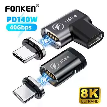 Fonken 140 Вт USB C к Type C Магнитный адаптер USB 4.0 Адаптер для зарядки 40 Гбит / с Thunderbolt4 Быстрая зарядка 8K 120 Гц Vedio Converter для телефона Ноутбука Straight Adapter