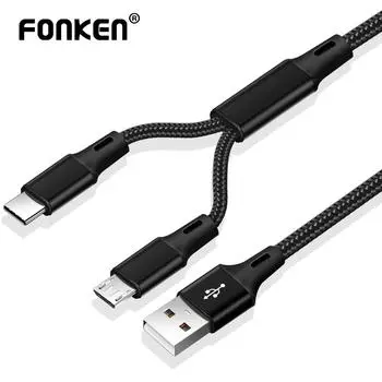 FONKEN 2 в 1 Кабель Micro USB Двустороннее зарядное устройство USB Type C Кабель с нейлоновой оплеткой Кабели USB C для зарядки чёрный