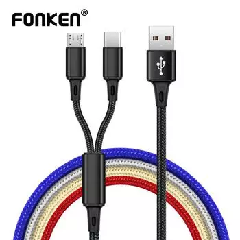 FONKEN 2 в 1 Micro USB-кабели типа C USB-кабель с отдельной шнуровой линией для телефона Android Samsung чёрный