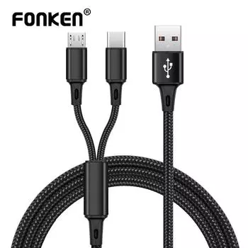 FONKEN 2 в 1 USB-кабель типа C Micro USB Кабель для быстрой зарядки Многофункциональный USB C с нейлоновой оплеткой чёрный