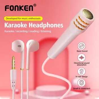 FONKEN 3,5 мм мини-микрофон для караоке, высококачественная гарнитура TIK TOK, HIFI и BASS, наушники со встроенным микрофоном для мобильных телефонов, планшетов Mini Karaoke Microphone белый