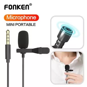 FONKEN 3,5 мм мини-микрофон с зажимами для галстука, воротник, разговорный микрофон для пения, микрофон для прямой трансляции лекций для смартфона 1.5M чёрный