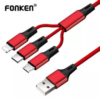 FONKEN 3 в 1, 2,4 А, кабель для быстрой зарядки, кабель Micro USB типа C для iPhone Android чёрный