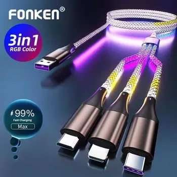 Fonken 3 в 1, 6A, 66 Вт, кабель для быстрой зарядки, USB-кабель для зарядного устройства Micro USB Type-C, RGB, цветной светящийся шнур QData