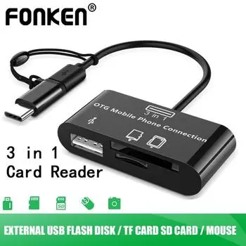 Fonken 3 в 1 Type-c Micro USB SD TF Телефон OTG Card Reader Хост-адаптер Устройство чтения SD-карт U Адаптер для чтения дисков для телефона Macbook Tablet чёрный