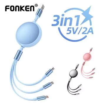 Fonken 3 в 1 USB-кабель для зарядки 5 В/2 А Micro USB/ Type C/iOS Выдвижной портативный зарядный кабель для Samsung Huawei 1,2 м чёрный