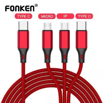FONKEN 3 в 1 USB-кабель типа C к USB C Micro USB кабель для зарядки телефона PD кабель для быстрой зарядки для iPhone 12 мобильный телефон Type-C Android нейлоновый кабель чёрный