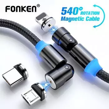 FONKEN 540o вращающийся быстрый магнитный зарядный кабель USB Type C/Lightning iPhone IOS/Android Micro 2020 НОВЫЙ зарядный кабель 1M Cable+Micro USB Plug чёрный