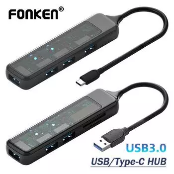 Fonken 5 в 1, прозрачный 3,0 USB-концентратор типа C, высокоскоростной мульти-сплиттер, USB 2,0, адаптер SD/TF-карты для настольного ноутбука 4 Ports USB A Interface чёрный