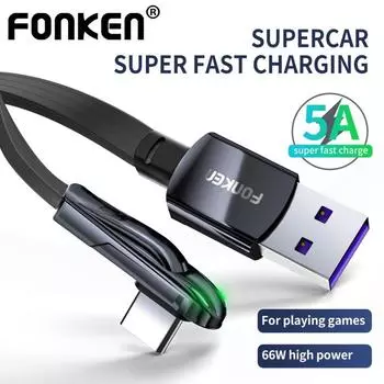 FONKEN 5A Быстрая зарядка 66 Вт USB Type C 90 градусов Быстрая зарядка USB-кабель c Кабель для передачи данных Type-C Зарядное устройство Usb-c для телефона Samsung Xiaomi Huawei Type c Type C 1.2m чёрный