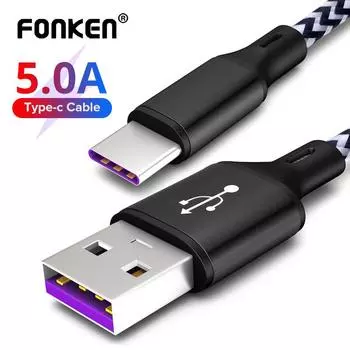 FONKEN 5A Super Charging 1M Кабель USB Type C для быстрой зарядки для мобильного телефона чёрный