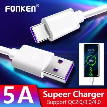 FONKEN 5A USB-кабель типа C Supercharge USB C для быстрого зарядного устройства, телефонный кабель, универсальный провод для передачи данных типа C