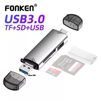 Fonken 6 в 1 Многофункциональное устройство чтения карт памяти USB 3.0 U Disk Type C/Micro USB/TF/SD Flash Drive Адаптер для чтения карт памяти Аксессуары для телефонов серебряный
