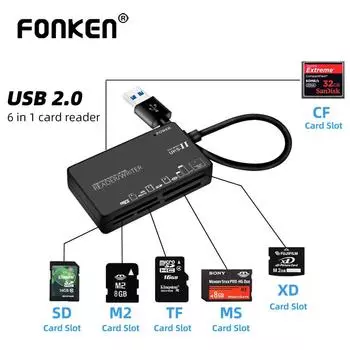 Fonken 6 в 1 USB2.0 Тип C Устройство чтения карт Многофункциональный CF M2 MS XD SD TF Устройство чтения карт памяти Камера Пароль Устройство чтения карт для компьютера ПК Ноутбук USB2.0 чёрный