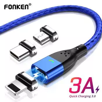 FONKEN Магнитный кабель Micro USB Магнит USB Type C Зарядный кабель для телефона 3A Кабель для мобильного быстрого зарядного устройства для iPhone 1M Cable+Micro USB Plug чёрный