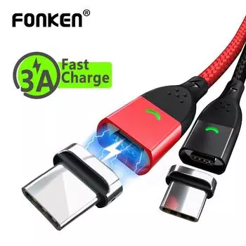 FONKEN Магнитный кабель USB-C Шнур для передачи данных Быстрое зарядное устройство Type-C Провод для быстрой зарядки мобильного телефона QC3.0 3A 1M Type-C Cable + Plug чёрный