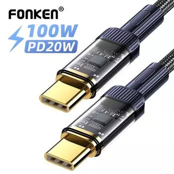 Fonken PD100W Прозрачный кабель USB C к Type C PD20W USB C к Lightning Кабель для быстрой зарядки Шнур передачи данных для ноутбука Xiaomi Samsung 1M Type-C to Type-C (PD100W) чёрный