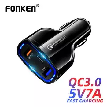 FONKEN QC3.0 3.5A USB C Быстрое автомобильное зарядное устройство USB-зарядное устройство для мобильного телефона для XIaomi Iphone Адаптер зарядного устройства для смартфона Быстрая зарядка со слотом для автомобильного прикуривателя