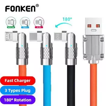 Fonken, вращающийся на 180°, кабель для быстрой зарядки, жидкий силиконовый кабель USB к Mciro USB/Type-C/iOS, кабель для передачи данных из цинкового сплава для iPhone, Samsung, Xiaomi, Huawei, 1,2 м Micro USB чёрный