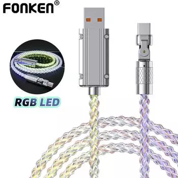 Fonken, вращающийся на 180° RGB USB-кабель для зарядки, 6А, сверхбыстрый градиентный зарядный шнур Micro/Type-C/iOS для iPhone, Huawei, Xiaomi Micro USB
