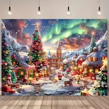 Фоновая ткань для украшения рождественской вечеринки, рождественский городок, Аврора, снежная сцена, гобелен, подходящий для украшения дома на открытом воздухе 100x75cm