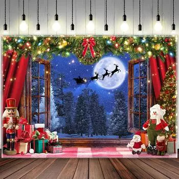 Фоновая ткань для украшения рождественской вечеринки Зимняя лунная ночь Санта-Клаус лесное дерево одеяло подходит для дома и улицы 100x75cm