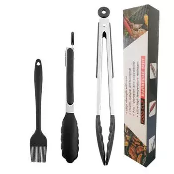 Food Clip Set Silicone Bread Clip Stainless Steel Food Clip Camping Barbecue Outdoor Clip Set of 3 чёрный