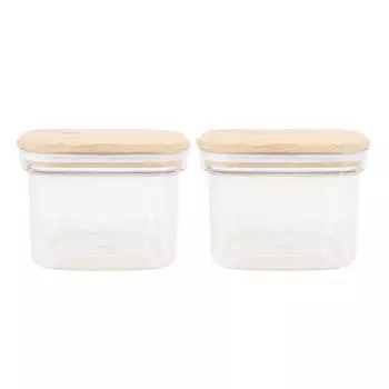 Food Storage Jars Plastic Airtight Containers with Bambusoideae Lids Kitchen Square Clear Canisters 2x600ml