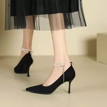 Foot bare beaded gentle 2025 spring new pearl single shoes women s French Korean version fine heel elegant temperament high heels 34