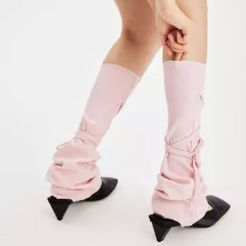 Foot Cover Knitted Banding Socks Knee High Women s Stockings Lace Up Leg Warmers Winter серый