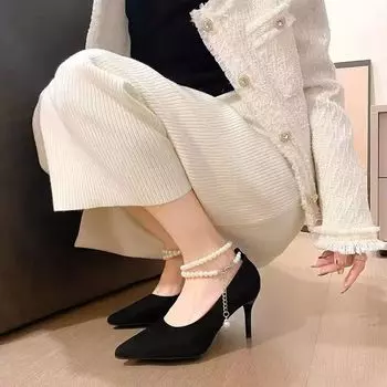 Foot ring feeling single shoes are not tired of feet 2025 new models with stiletto black beautiful high heels women s pointed pearls 34