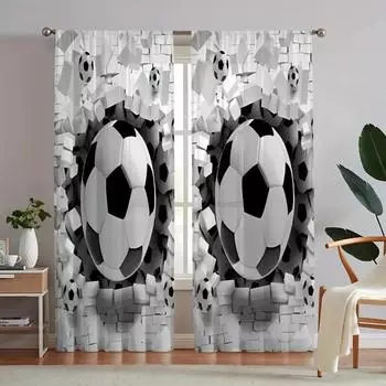 Football Breaks Through the Wall 3D Printed Semi-shading Polyester Thin Curtain for Kids Adults Bedroom Living Room Home Decor 50Wx60H(CM)x1Piece&Hook