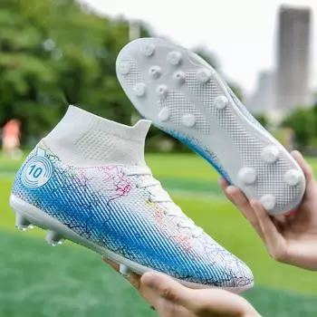 Football Shoes High Top Spikes Children Adult Grass Competition Training Sports Running Shoes Large Size 35 белый