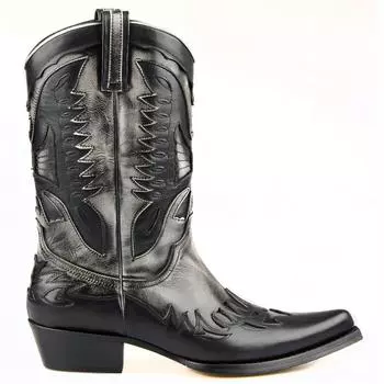 FootCourt-черно-белые мужские ковбойские сапоги из натуральной кожи с острым носком до середины икры, винтажная мода с узором орла, ручной работы, вестерн