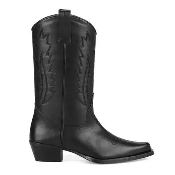 FootCourt Черные женские ковбойские сапоги из натуральной кожи Кожаные сапоги с острым носком с вышивкой Сапоги до середины икры ручной работы Сделано в Турции