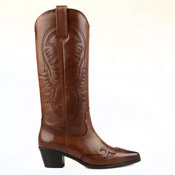 FootCourt - коричневые женские туфли из натуральной кожи на среднем высоком каблуке с острым носком, новый дизайн, женские ботинки с вышивкой, сапоги до колена, ковбойские туфли